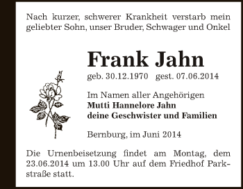 Traueranzeige von Frank Jahn von Super Sonntag Bernburg
