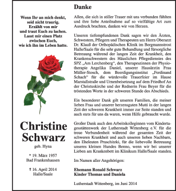 Traueranzeige von Christine Schwarz von Super Sonntag Wittenberg