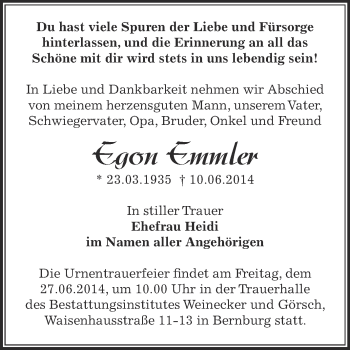 Traueranzeige von Egon Emmler von Super Sonntag Bernburg