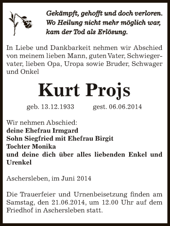 Traueranzeige von Kurt Projs von Super Sonntag Aschersleben