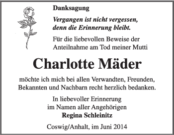 Traueranzeige von Charlotte Mäder von Super Sonntag Wittenberg