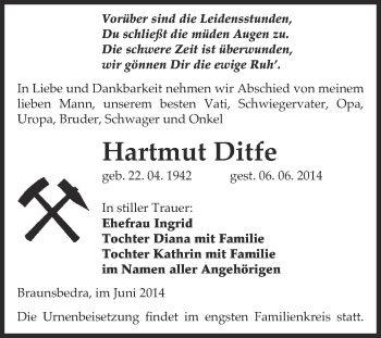 Traueranzeige von Hartmut Ditfe von WVG - Wochenspiegel Merseburg