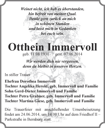 Traueranzeige von Otthein Immervoll von Super Sonntag Bernburg