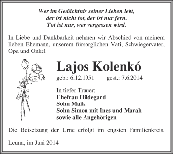 Traueranzeige von Lajos Kolenkó von Super Sonntag Merseburg