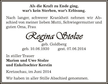 Traueranzeige von Regina Stolze von Super Sonntag Zeitz