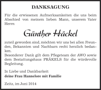 Traueranzeige von Günther Häckel von Super Sonntag Zeitz