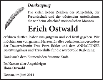Traueranzeige von Erich Ostwald von Super Sonntag Dessau / Köthen