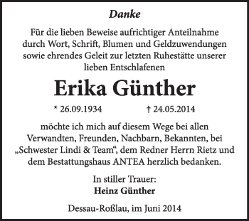 Traueranzeige von Erika Günther von Super Sonntag Dessau / Köthen