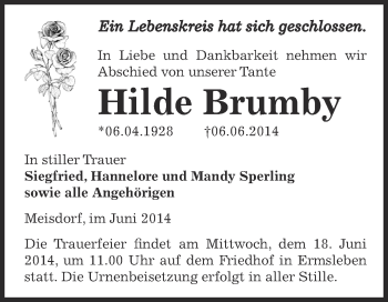 Traueranzeige von Hilde Brumby von Super Sonntag Aschersleben