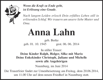 Traueranzeige von Anna Lahn von WVG - Wochenspiegel NMB / WSF / ZTZ