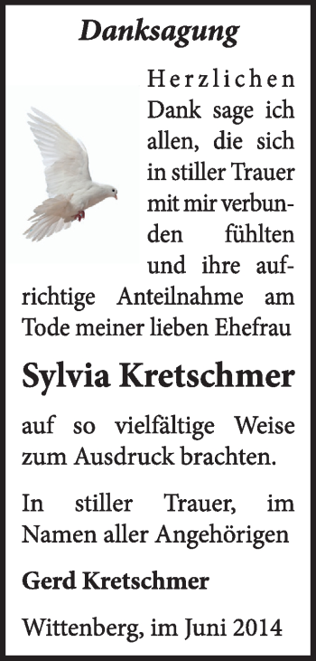 Traueranzeige von Sylvia Kretschmer von WVG - Wochenspiegel Wittenberg
