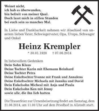 Traueranzeige von Heinz Krempler von Super Sonntag SGH Mansf. Land