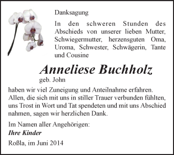 Traueranzeige von Anneliese Buchholz von Super Sonntag SGH Mansf. Land