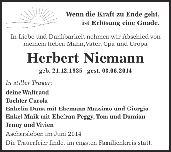 Traueranzeige von Herbert Niemann von Super Sonntag Aschersleben