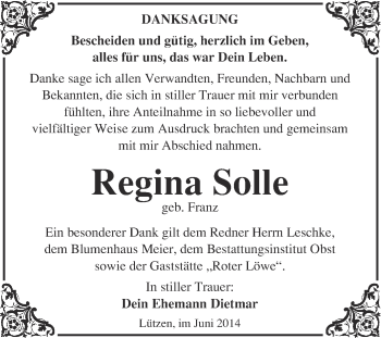 Traueranzeige von Regina Solle von Super Sonntag Merseburg