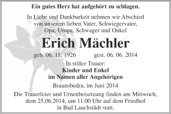 Traueranzeige von Erich Mächler von WVG - Wochenspiegel Merseburg