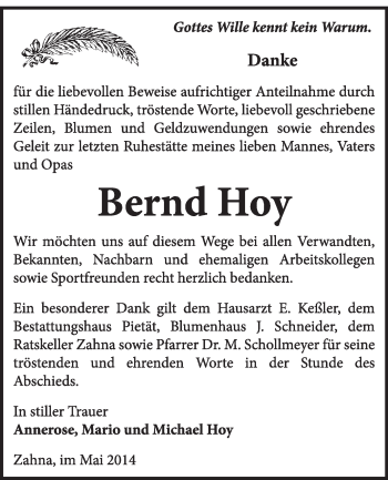 Traueranzeige von Bernd Hoy von Super Sonntag Wittenberg