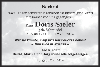 Traueranzeige von Doris Sieler von Super Sonntag Zeitz