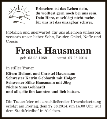 Traueranzeige von Frank Hausmann von Super Sonntag Bernburg