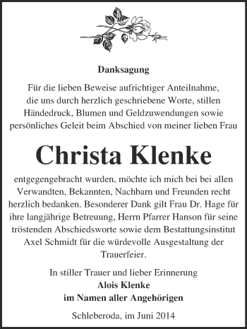 Traueranzeige von Christa Klenke von WVG - Wochenspiegel NMB / WSF / ZTZ