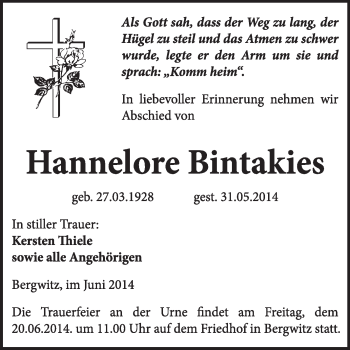 Traueranzeige von Hannelore Bintakies von WVG - Wochenspiegel Wittenberg