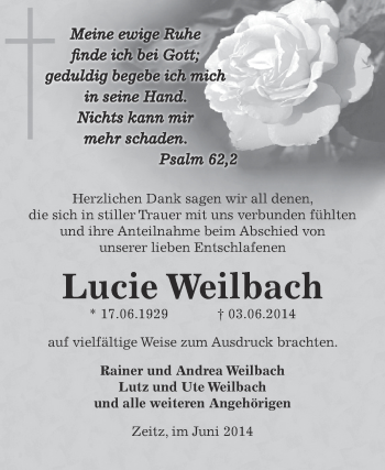Traueranzeige von Lucie Weilbach von Super Sonntag Zeitz