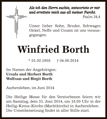 Traueranzeige von Winfried Borth von Super Sonntag Aschersleben