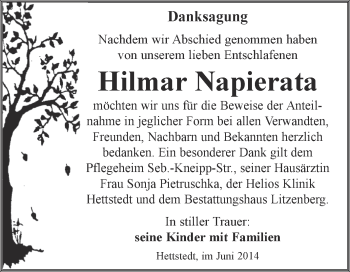 Traueranzeige von Hilmar Napierata von Wochenspiegel Mansfelder Land