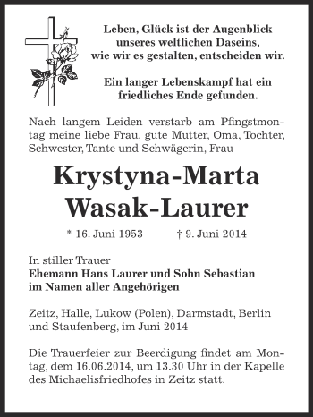 Traueranzeige von Krystyna-Marta Wasak-Laurer von Super Sonntag Zeitz