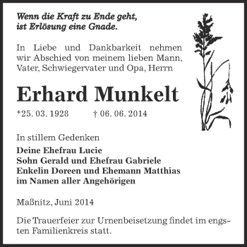 Traueranzeige von Erhard Munkelt von Super Sonntag Zeitz