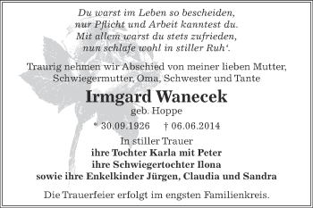 Traueranzeige von Irmgard Wanecek von WVG - Wochenspiegel Dessau / Köthen