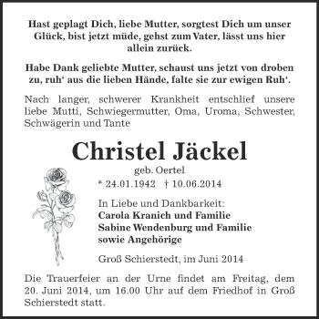 Traueranzeige von Christel Jäckel von Super Sonntag Aschersleben