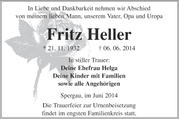 Traueranzeige von Fritz Heller von Super Sonntag Merseburg