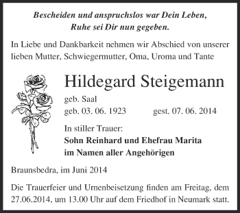 Traueranzeige von Hildegard Steigemann von WVG - Wochenspiegel Merseburg