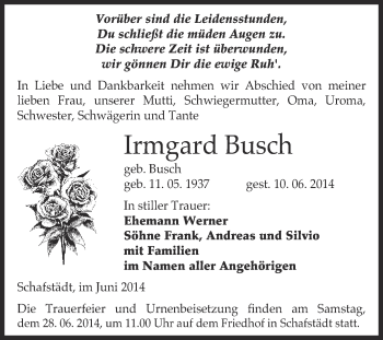 Traueranzeige von Irmgard Busch von WVG - Wochenspiegel Merseburg