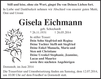 Traueranzeige von Gisela Eichmann von WVG - Wochenspiegel Merseburg