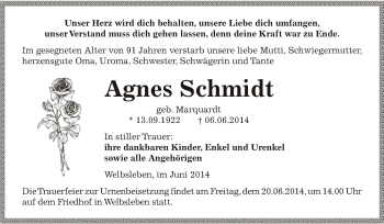Traueranzeige von Agnes Schmidt von Super Sonntag SGH Mansf. Land