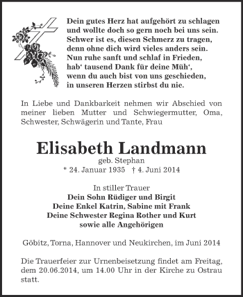 Traueranzeige von Elisabeth Landmann von Super Sonntag Zeitz