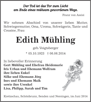Traueranzeige von Edith Mühling von Super Sonntag Zeitz