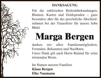 Traueranzeige von Marga Bergen von Super Sonntag Bernburg