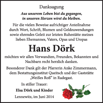 Traueranzeige von Hans Dörk von Super Sonntag Dessau / Köthen