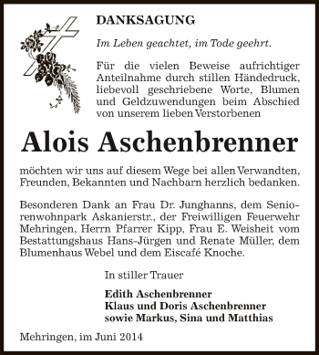 Traueranzeige von Alois Aschenbrenner von Super Sonntag Aschersleben