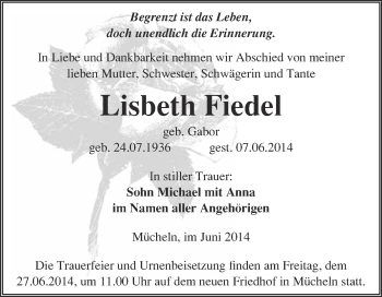 Traueranzeige von Lisbeth Fiedel von WVG - Wochenspiegel Merseburg