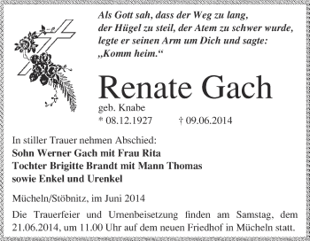 Traueranzeige von Renate Gach von WVG - Wochenspiegel Merseburg
