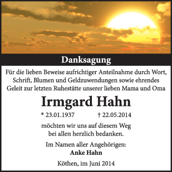 Traueranzeige von Irmgard Hahn von Super Sonntag Dessau / Köthen