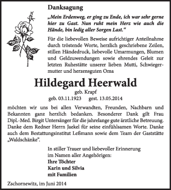 Traueranzeige von Hildegard Heerwald von WVG - Wochenspiegel Wittenberg