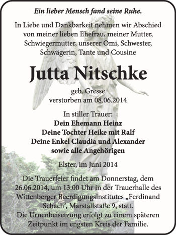 Traueranzeige von Jutta Nitschke von WVG - Wochenspiegel Wittenberg