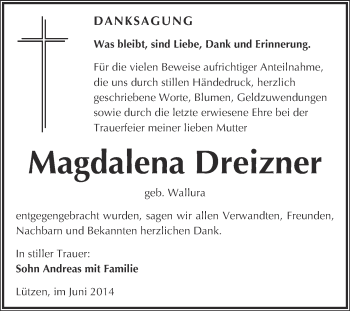 Traueranzeige von Magdalena Dreizner von Super Sonntag Merseburg