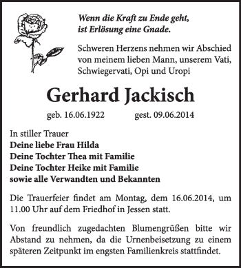 Traueranzeige von Gerhard Jackisch von WVG - Wochenspiegel Wittenberg