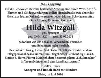 Traueranzeige von Hilda Witzgall von Super Sonntag Wittenberg
